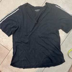 ba&sh Black V-Neck Tee with Gray Stripes
